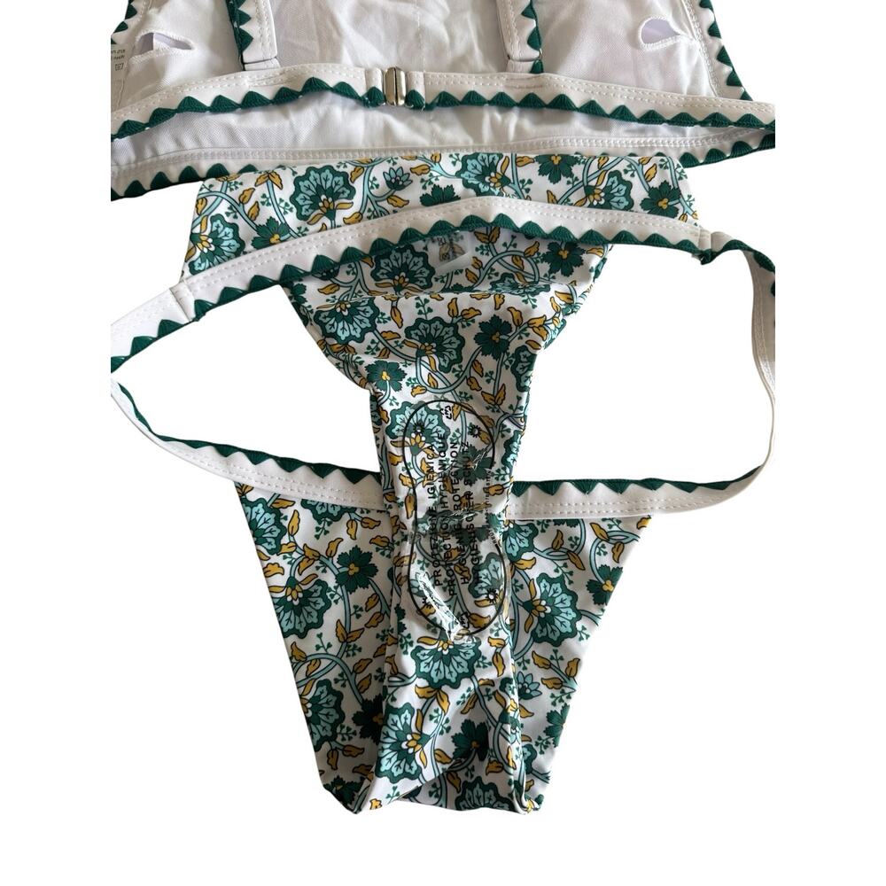 SHEIN Floral Print Bikini Set Green White Scallop Trim High Leg Swimsuit Medium - Picture 6 of 6